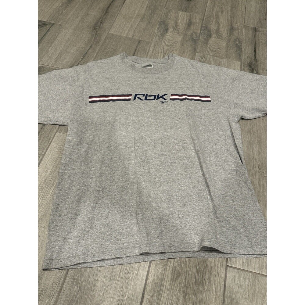 Vintage 90s Reebok Mens XL Faded Spell Out Striped Short Sleeve T-Shirt Gray